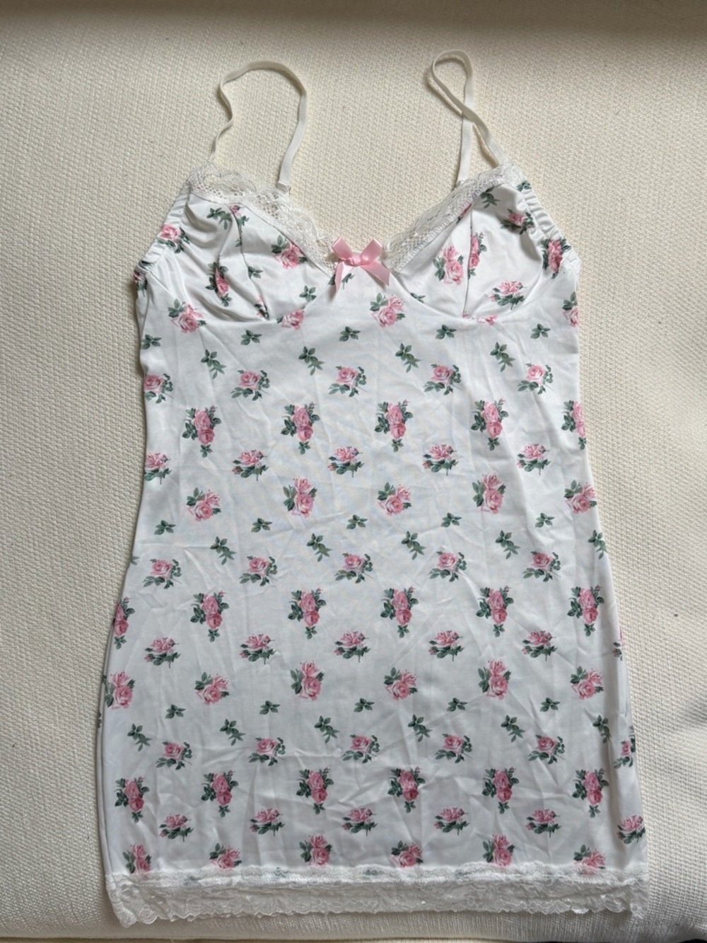 Rose-Print Lace Trim Mini Slip Dress - White with Pink Roses